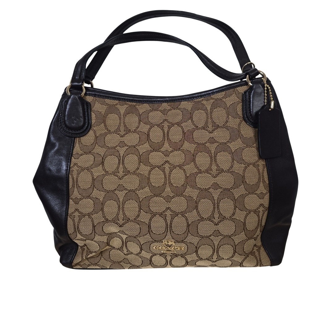 Coach Signature Edie 36370 Canvas Leather Satchel Bag Khaki Brown